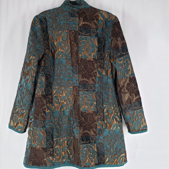 Yak Magik Teal Brown Open Front Silk Blazer Jacket Size Small - Picture 16 of 16
